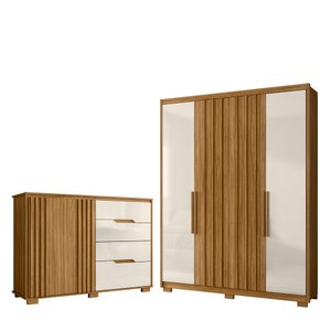 Kit Guarda Roupa 4 Portas e Cômoda Sapateira Munique M01 Freijó Off White Clique Chique