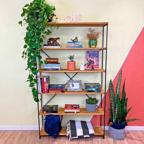 Estante de Ferro e Madeira Industrial Ample 6 Prateleiras Nozes e Preto