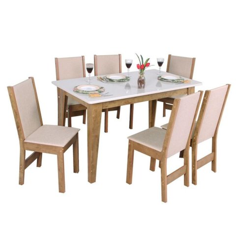 Conjunto Mesa Retangular Sophia com 6 Cadeiras Melina Fosca Asgard Bege Freijo e Off White