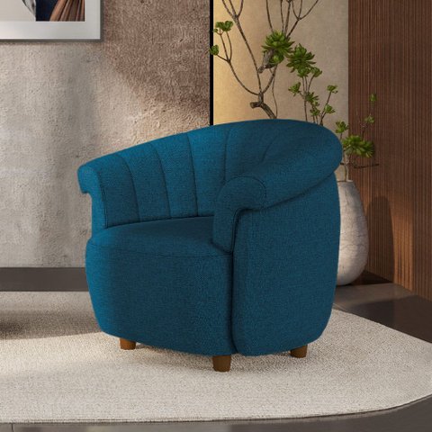 Poltrona Decorativa Latvia 86cm Pés de Madeira Linho Azul G45 - Gran Belo
