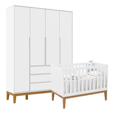 Berço Americano Unique e Guarda Roupa 4 Portas Nature Clean Branco Soft Eco Wood – Matic