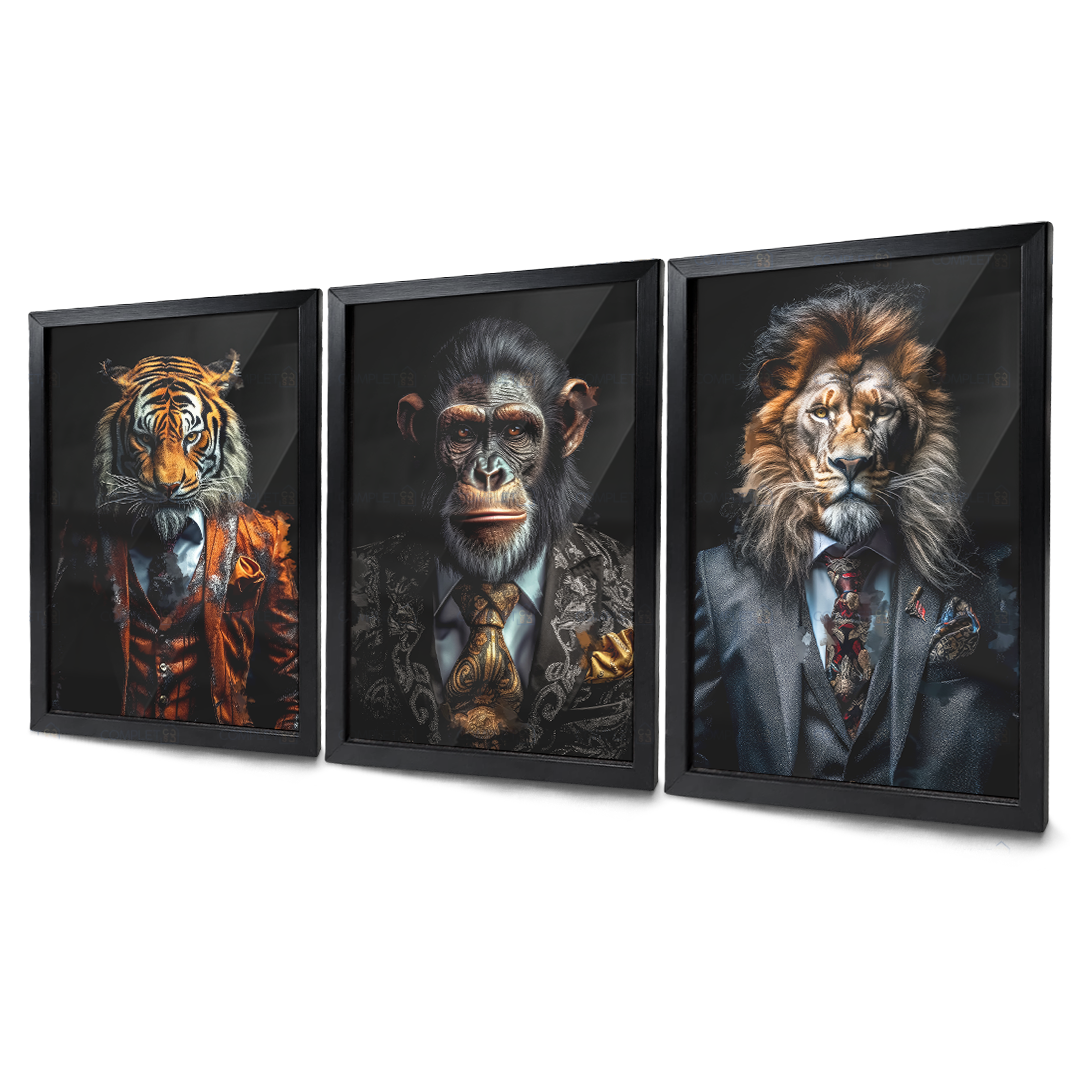 Quadros Leão Macaco e Tigre de Ternos Elegantes Com Vidro - 1
