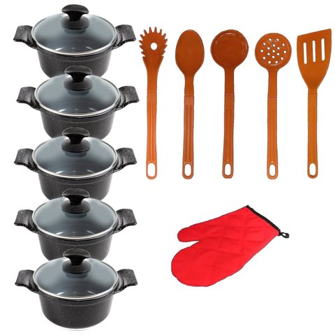 Jogo de Panela Preto Liso Cerâmica Talher Javali AAL 16A24Cm