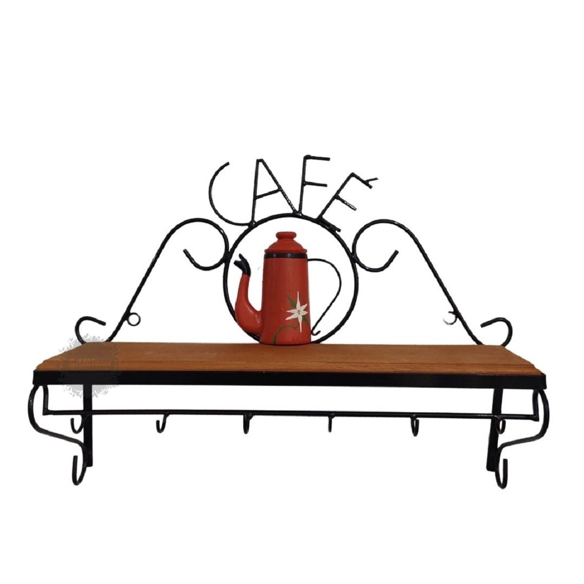 Prateleira decorativa bule café artesanal rústica ferro madeira - 5