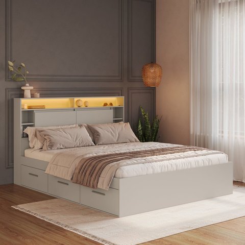 Cama de Casal Queen com 6 Gavetas Cabeceira com LED Genebra