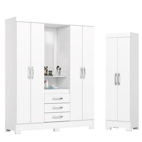 Guarda Roupa 04 Portas e 03 Gavetas Nápole com Armário Multiuso 2 Portas 3 Prateleiras B387 Branco