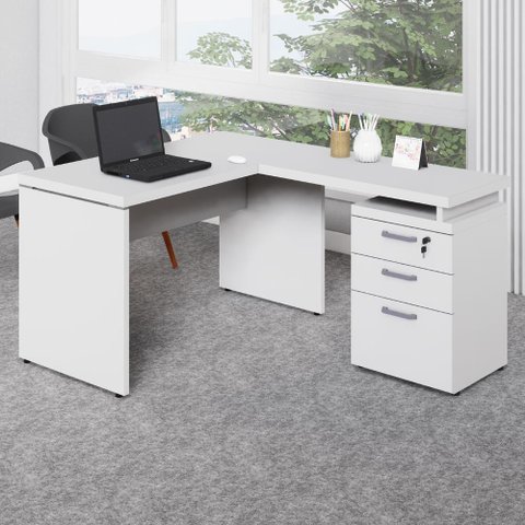 Mesa em L 1,20m com Gaveteiro 3 Gavetas Pés Painel F5 Office Cor:cinza