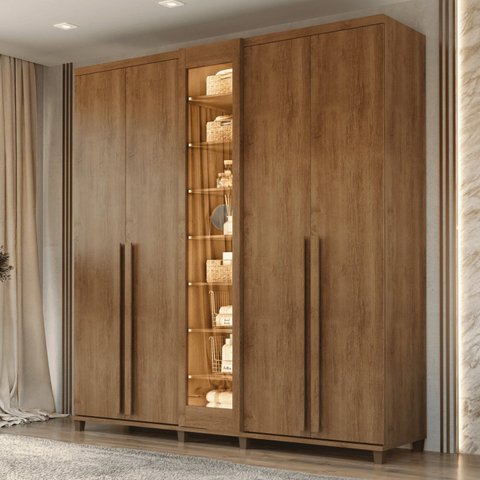 Guarda-Roupa Casal Áustria 5 Portas 1 Porta com Vidro Reflecta com LED e 3 Gavetas Internas