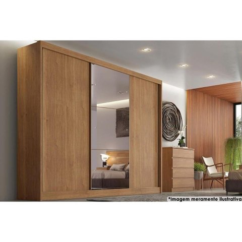 Guarda Roupa Casal 3 Portas de Correr e 6 Gavetas C/ Espelho Natus Freijo Cumaru - Novo Horizonte