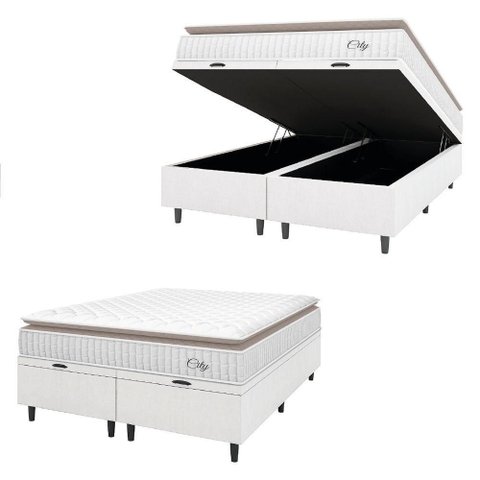 Cama Box Colchão Baú Casal Queen Molas Ensacadas City Pillow Top 158x198x64cm Linho Branco / Bege