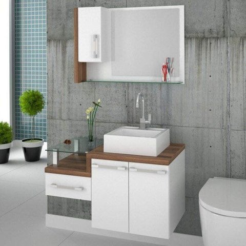 Gabinete para Banheiro 2 Portas 1 Gaveta com Cuba Q35 e Espelheira Legno 830w