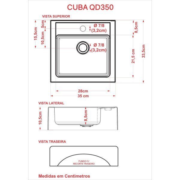 Gabinete para Banheiro 2 Portas 1 Gaveta com Cuba Q35 e Espelheira Legno 830W Compace - 4