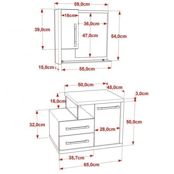 Gabinete para Banheiro 1 Porta 2 Gavetas com Cuba Q35 e Espelheira Legno 650W Espresso Móveis - 3