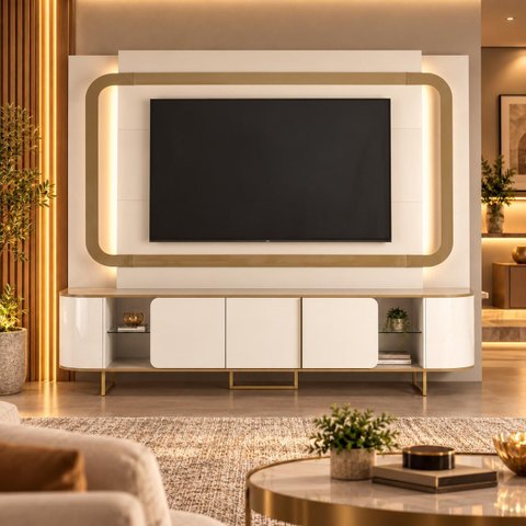 Home para TV até 75" 100% MDF com LED Atlanta Off White/Dourado Lukaliam