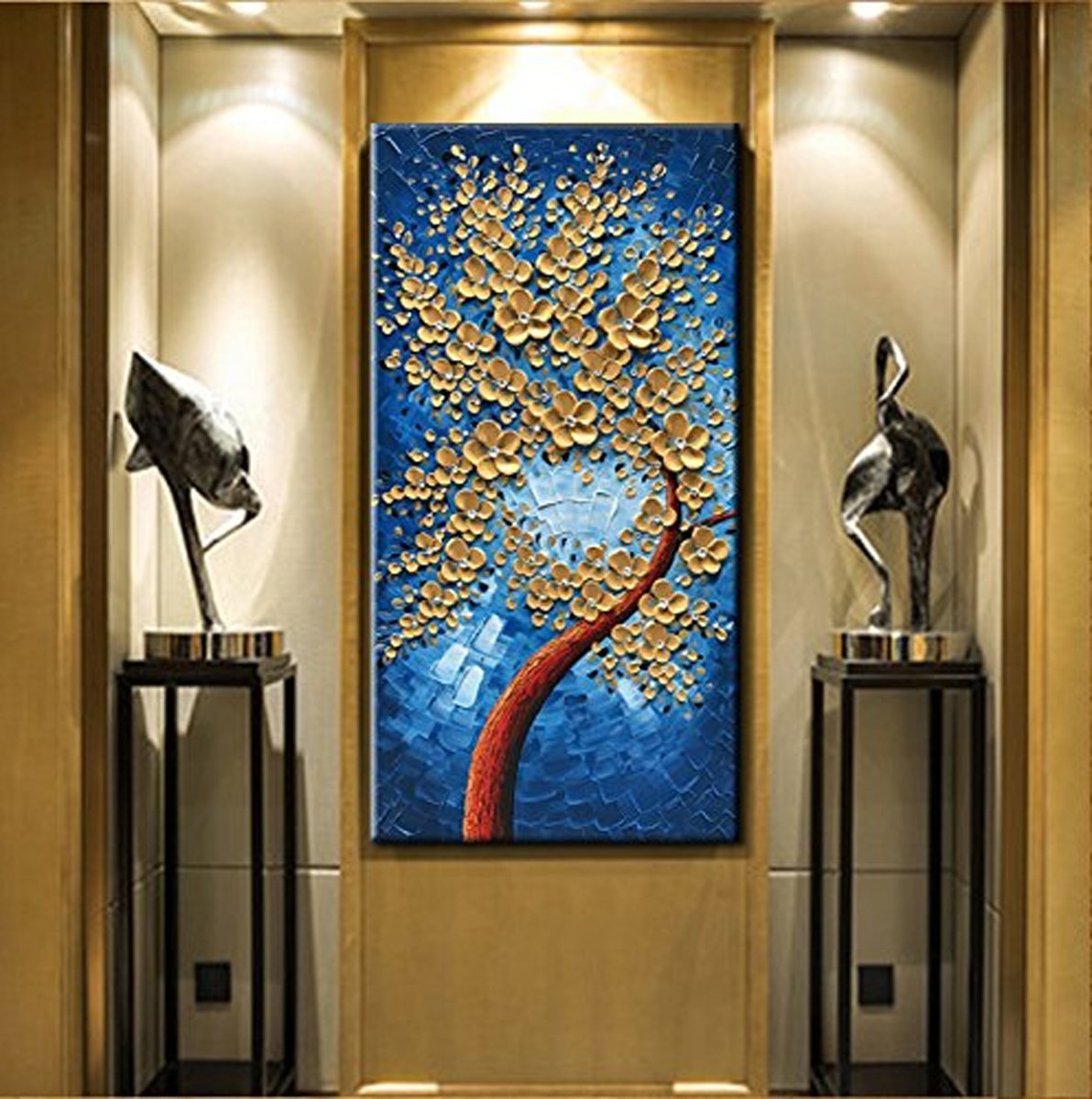 Quadro Pintura Tela ouro vertical óleo flor 5316: 120cm (A) x 60cm (L) - 1