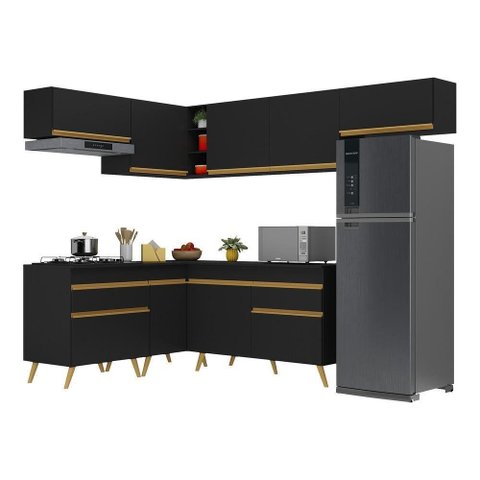 Armário de Cozinha Completa de Canto Veneza Multimóveis V2069 Preto/Dourado