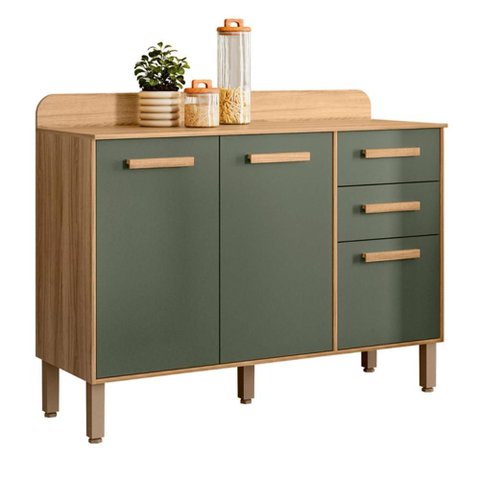Balcão para Cozinha Maria Flor com 3 Portas e 2 Gavetas Freijo/verde