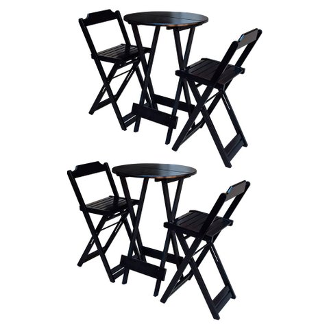 Kit 2 Jogos de Mesa Bistrô Dobrável em Madeira Maciça com 2 Banquetas Altas - Preto