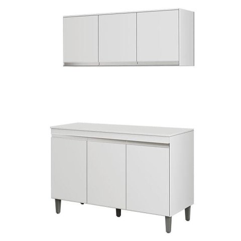 Balcão de Cozinha Manu com Tampo 120 Cm e Armário Aéreo Andréia Branco Brilho - Ajl
