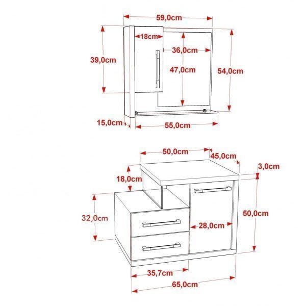 Gabinete para Banheiro 1 Porta 2 Gavetas com Cuba Q35 e Espelheira Legno 650W Espresso Móveis - 3