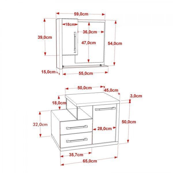 Gabinete para Banheiro 1 Porta 2 Gavetas com Cuba Q35 e Espelheira Legno 650W Espresso Móveis - 3