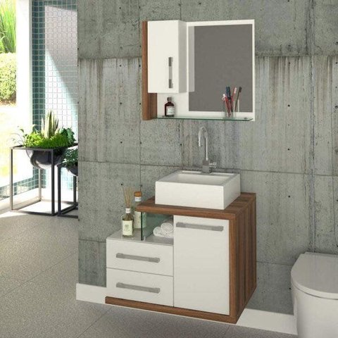Gabinete para Banheiro 1 Porta 2 Gavetas com Cuba Q35 e Espelheira Legno 650W Espresso Móveis Branco