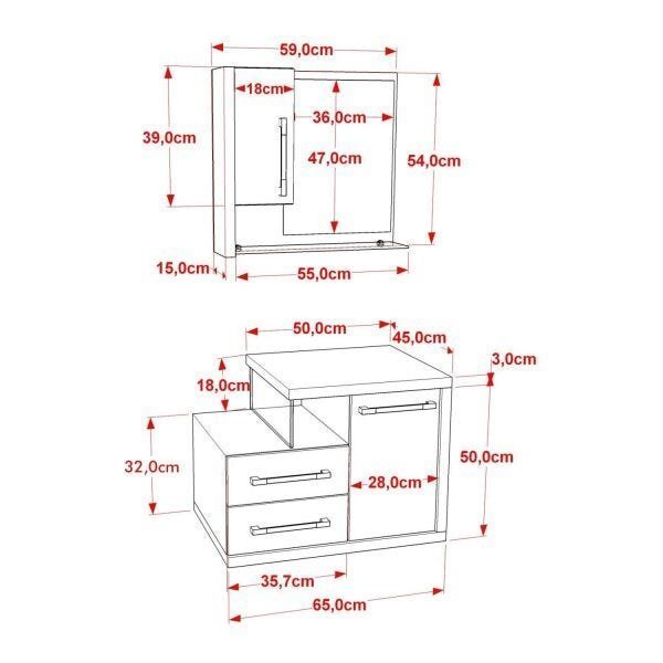 Gabinete para Banheiro 1 Porta 2 Gavetas com Cuba Q35 e Espelheira Legno 650W Espresso Móveis - 3