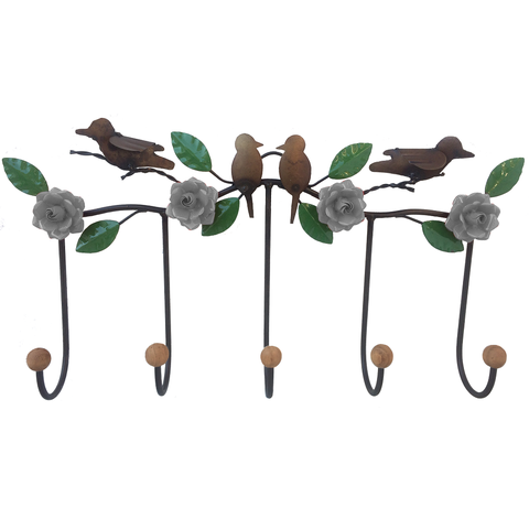 Cabide Rustico Artesanal com Flores e Pássaros de Ferro Libertas Rosas Artesanato Rosa Mini Branco