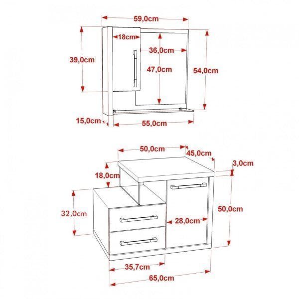 Gabinete para Banheiro 1 Porta 2 Gavetas com Cuba Q35 e Espelheira Legno 650W Espresso Móveis - 3