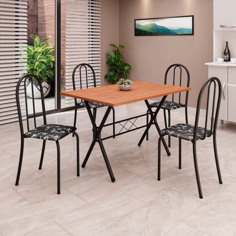 Conjunto de Mesa Tubular 62 100x60cm Tampo em MDF com 4 Cadeiras Ane B Preto/Floral/Txt