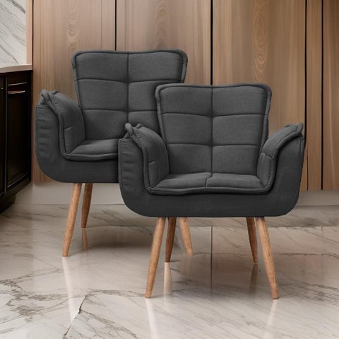 Kit 2x Poltronas Opala para Sala Cadeira Elegante com Apoio de Braço em Veludo - Sentô Preto