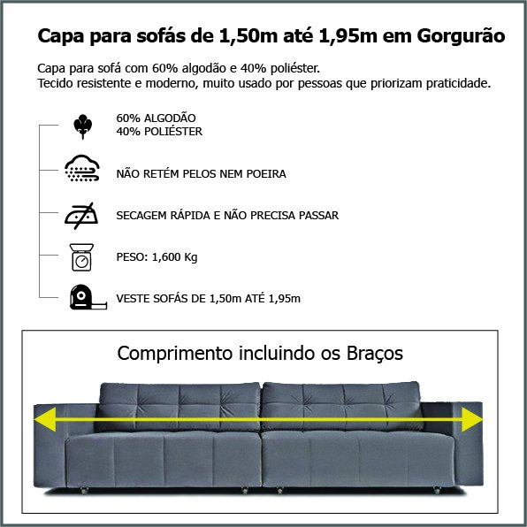 Capa para Sofá Retrátil e Reclinável em Tecido Gorgurão - Veste Sofás de 1,50M até 1,95M - Cinza - 5