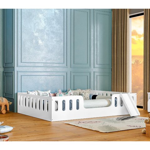 Cama Infantil Helo Montessoriana Casal com Escorregador para Quarto Infantil Seguro Design - Branco
