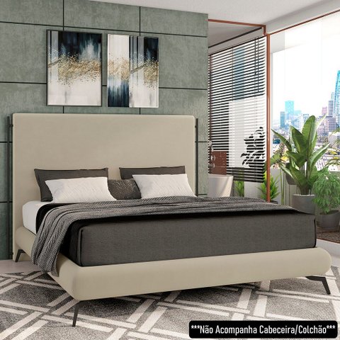 Cama King Base Box 193x203cm Pés de Ferro Cold P02 Veludo Bege - Mpozenato