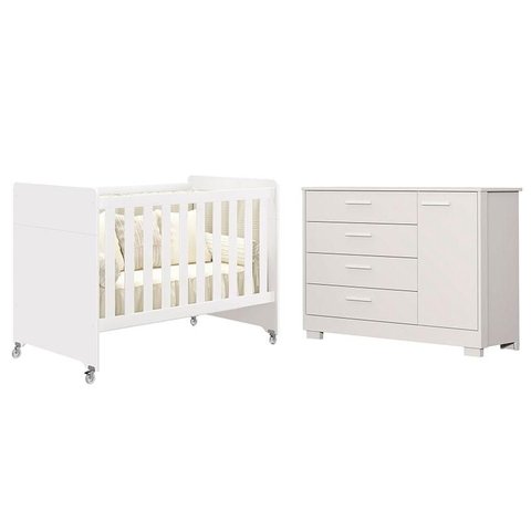 Berço Americano Evolution 4 em 1 e Cômoda Zaki Branco Acetinado - Reller