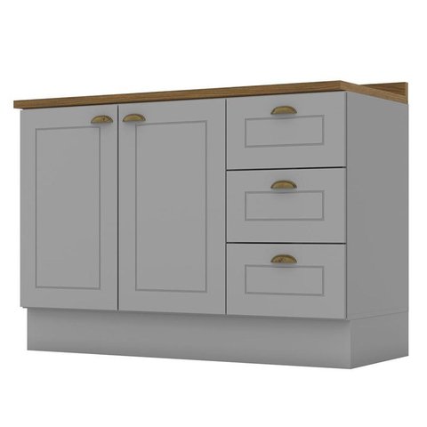 Balcão Pia 2 Portas e 3 Gavetas 120cm Americana Cinza com Tampo Nature - Móveis Henn