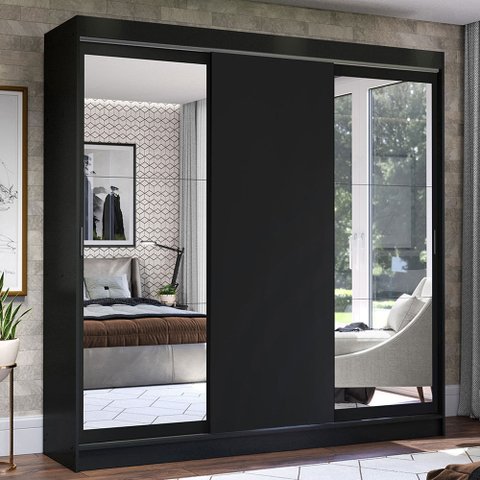 Guarda-Roupa Casal Madesa Istambul 3 Portas de Correr com Espelhos 3 Gavetas Preto Cor:Preto
