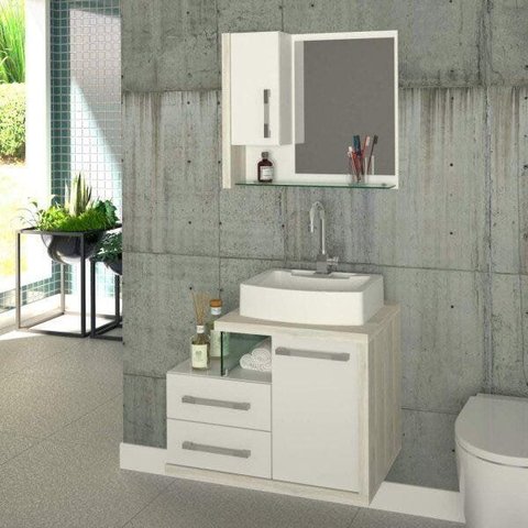 Conjunto para Banheiro Gabinete com Cuba RT41 e Espelheira Legno 650W Branco/c/Snow