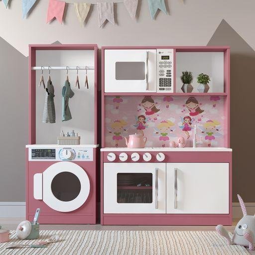 Cozinha Infantil Com Lavanderia Maquina de Lavar e Cabideiro Diana Branco Rosa Ofertamo - 1