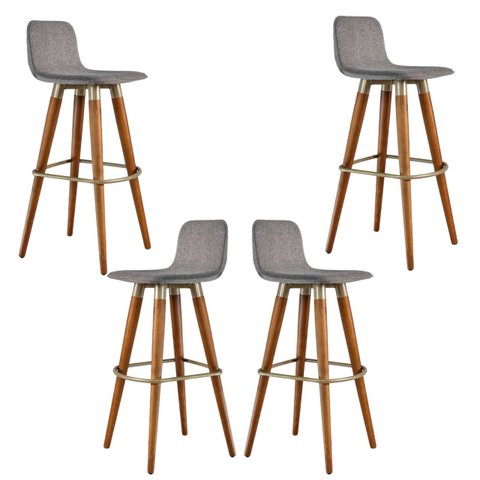 Conjunto 4 Banqueta Alta Madeira Luxo Estofado em Linho Cinza
