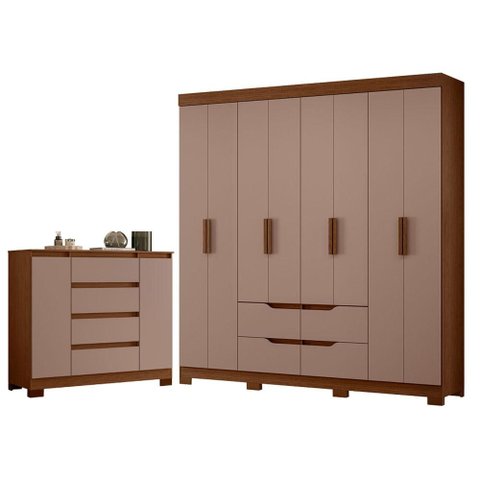 Guarda Roupa Casal Doble 08 Portas e Cômoda Sapateira Atena Nogueira Capuccino - Móveis Albatroz