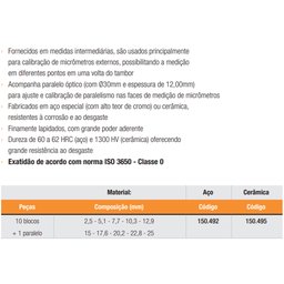 Jogo de Bloco Padrão com Paralelo Óptico Cerâmica - 10 Peças (2,5-25mm) para Micrometro - Classe 0 - - 4