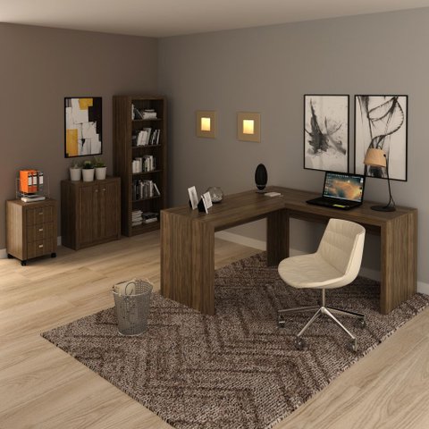 Conjunto de Escritório com Escrivaninha 04 pç CJ43018-036 Tecno Móbili - Tecno Móbili Nogal
