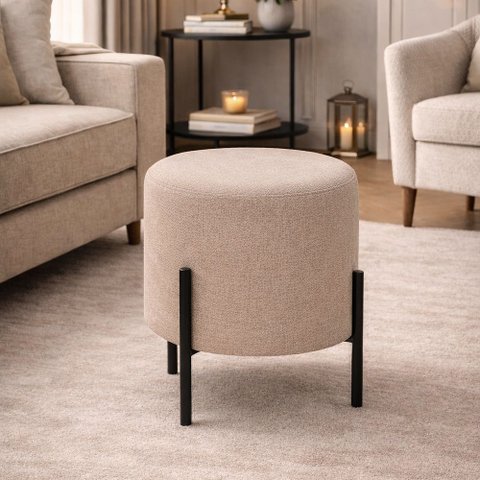 Puff Luxor Redondo em Linho Pés de Ferro Design Minimalista para Sala Moderna Premium - Bege Claro