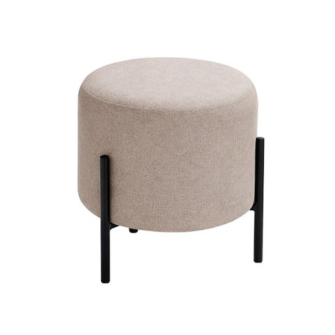 Puff Luxor Redondo em Linho Pés de Ferro Design Minimalista para Sala Moderna Premium - Bege Claro