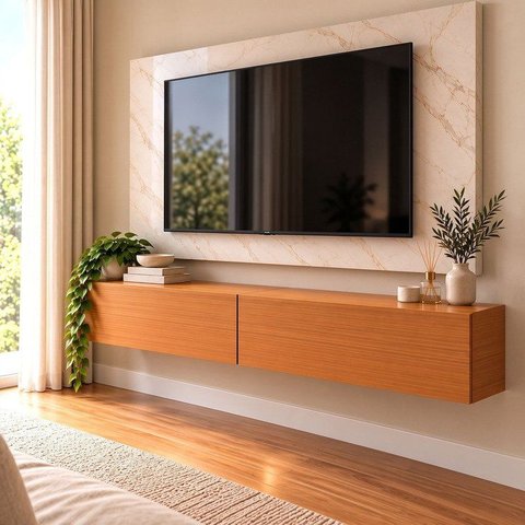 Rack Suspenso e Painel 1,19m para TV até 75 Polegadas com 2 Portas Basculantes Freijó Marmore