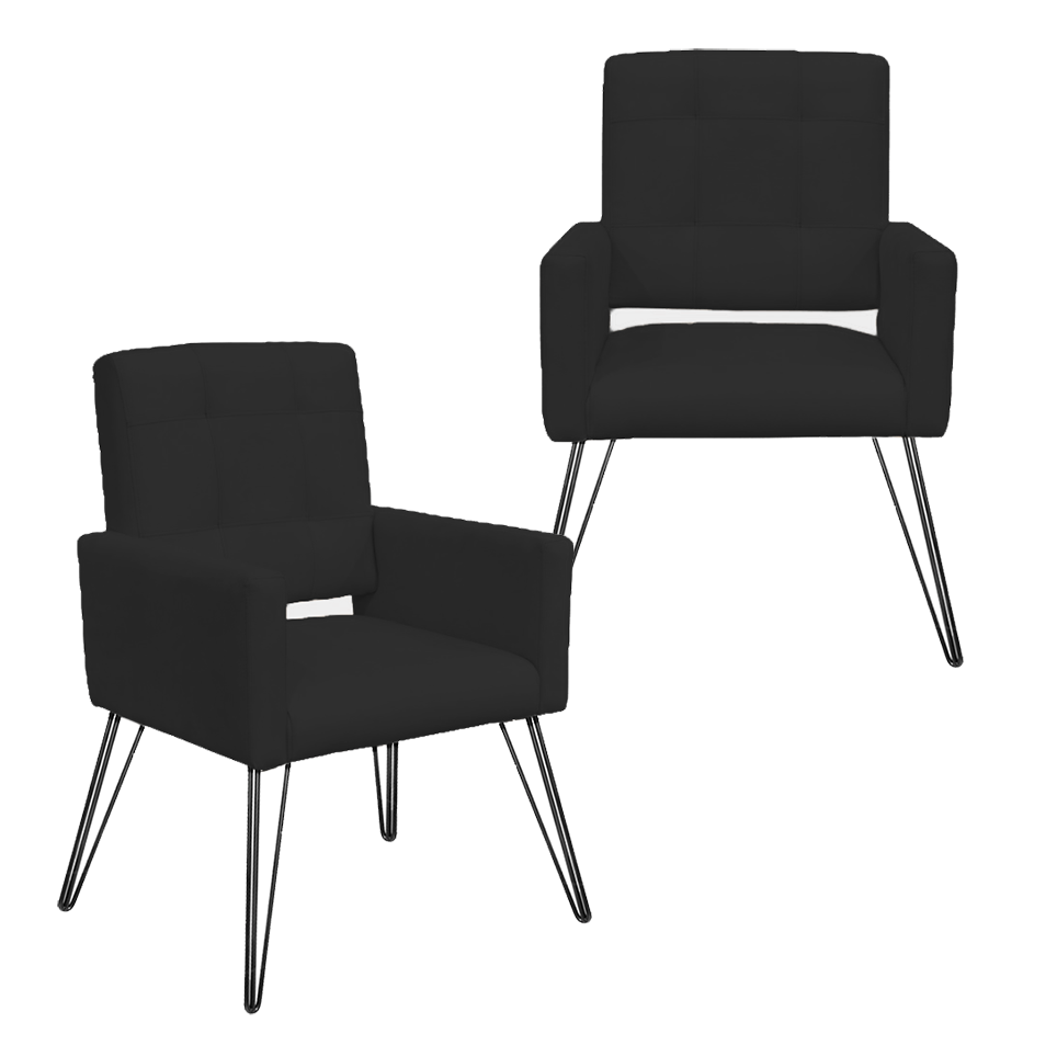 Kit 2 Poltronas Decorativas para Escritório Pés de Ferro Camila Suede Preto - Dl Decor