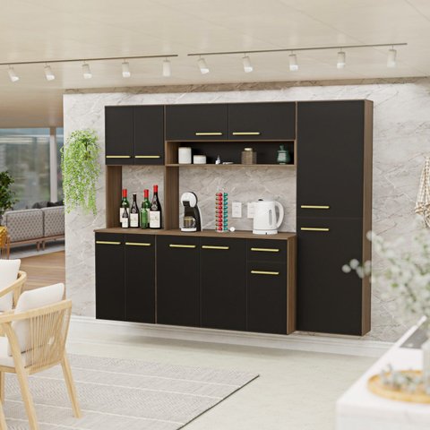 Cozinha Aura Completa Modulada 15mm Torre Quente Paneleiro - Nogal/preto