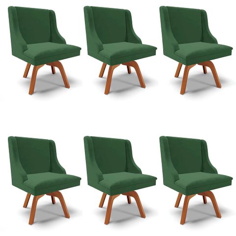 Kit 6 Cadeiras Estofadas Base Giratória de Madeira Lia Veludo Verde Esmeralda - Ibiza