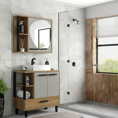 ​conjunto Banheiro Valença 80cm Armário Completo Gabinete Cuba Espelheira